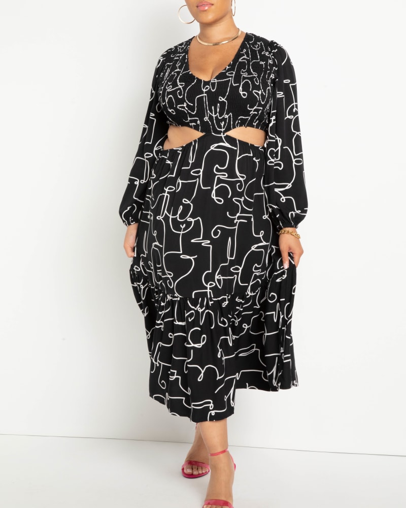 Front of a model wearing a size 14 Reina Smocked Bodice Midi Dress in Black And White by ELOQUII. | dia_product_style_image_id:217012
